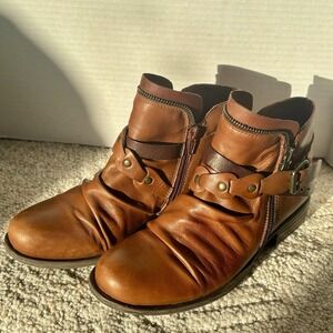 Miz Mooz Leather Ankle Boots Lagos Brandy Sz 37 /US 6.5-7 Straps Buckles Zippers